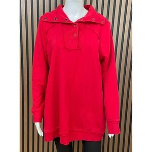 Soft Surroundings Women's L Red Top Cotton Tunic Vintage Wash Snap Shawl Collar